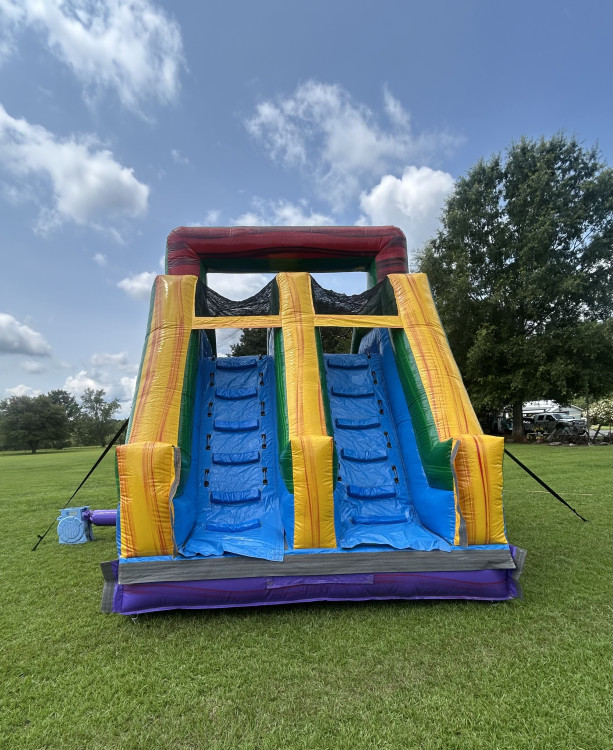 Dual-lane slide end of the 62' 2-Piece Obstacle Course set up on a grassy lawn, Milner, GA area