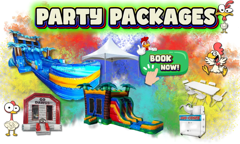 Party packages with water slides, bounce houses, tents and tables